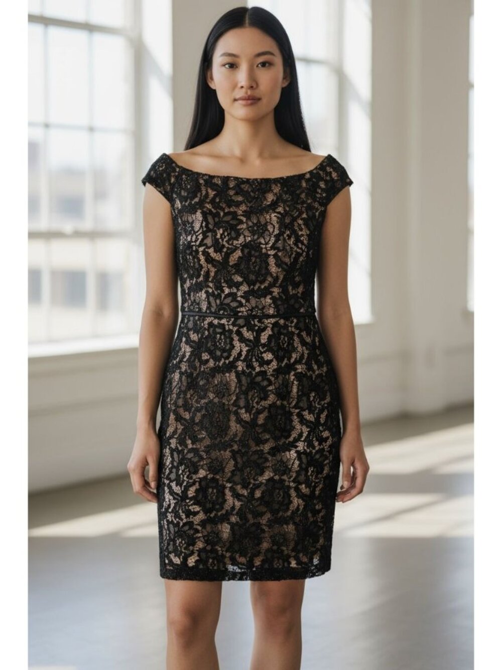Vince Camuto Women's Off-The-Shoulder Black Lace Sheath Dress Size 8 Lined Elega
